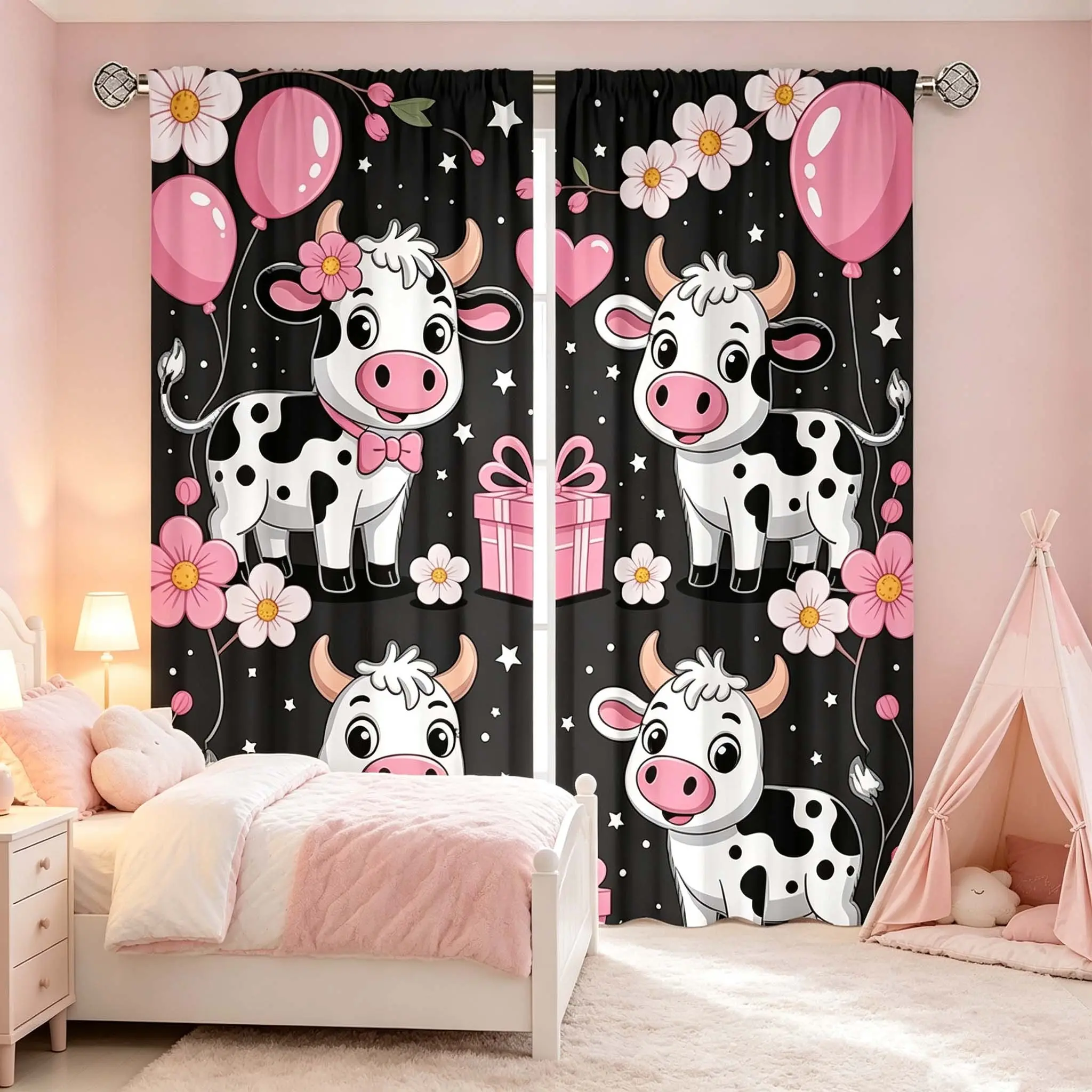 2-piece set of cute semi blackout curtains with bow tie and calf, paired with flower, heart, star pattern, bedroom, living room, dining room curtains, home girl style soft decoration curtains