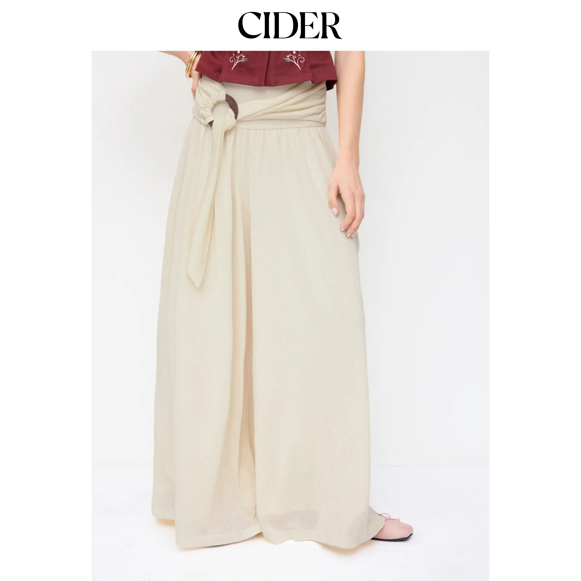 Cider Mid Rise O-Ring Belted Ruched Draped Wide Leg Trousers