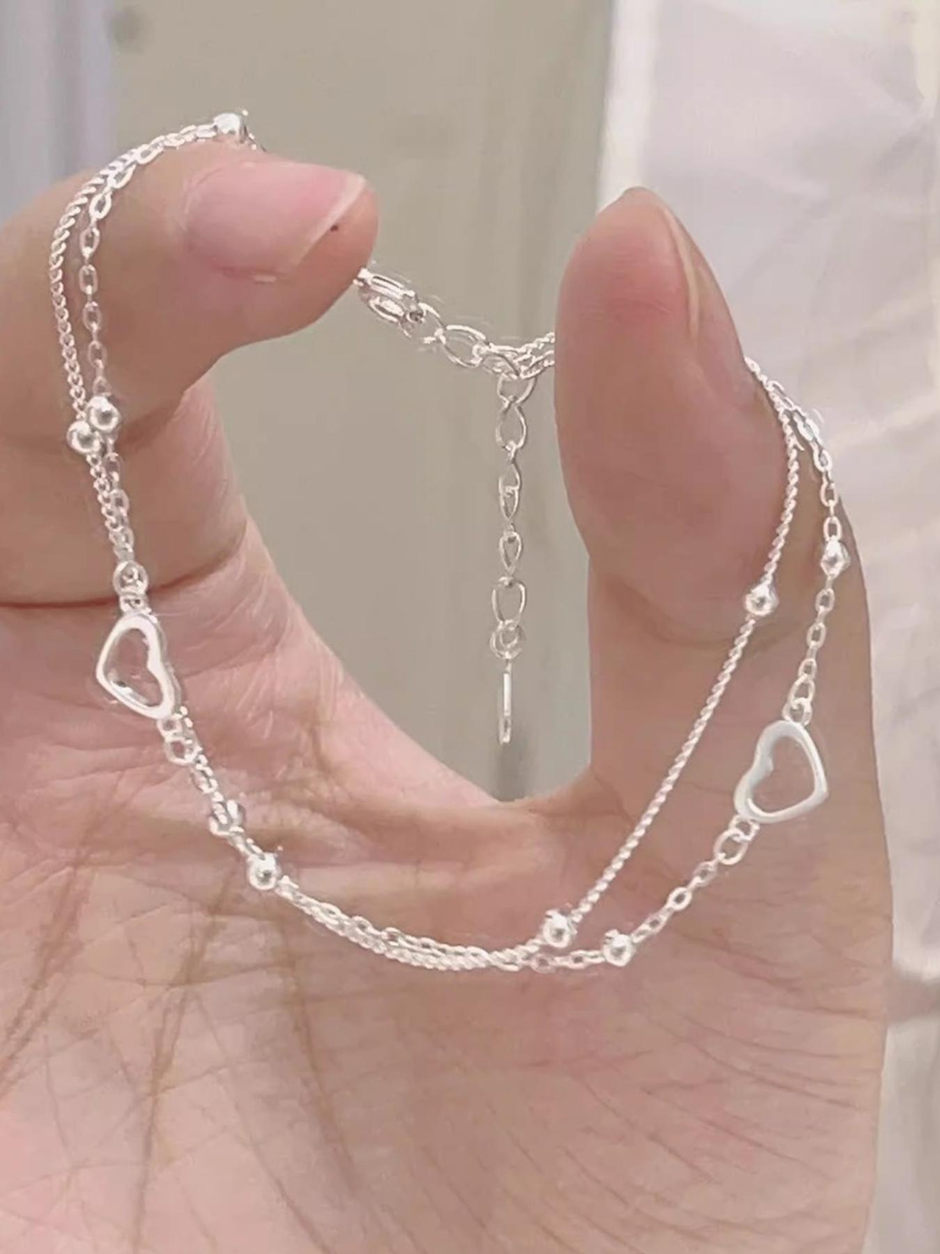 S925 Sterling Silver Heart Design Double Layered Bracelet for Women, Exquisite Trendy Link Bracelet, Chic Gorgeous Jewelry As Gift for Girlfriend, Heart Shaped Bracelet