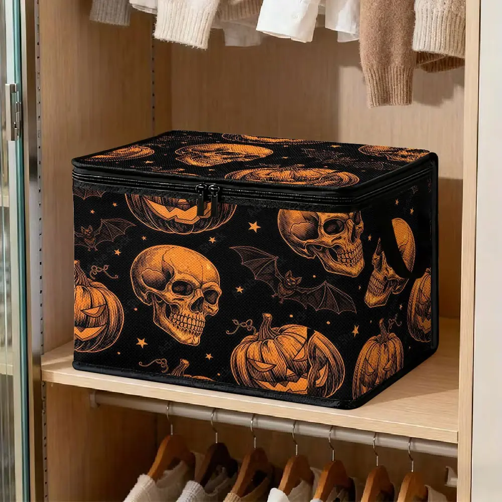 Non-woven Storage Bin with Halloween Skull, Pumpkin and Bat Print, Zippered, Handheld, Foldable Dustproof Fabric Storage Box, Large-Capacity Foldable Organizer for Bedroom Holiday Decorations, Clothes and Sundries, Dark Style Fabric Storage Bin