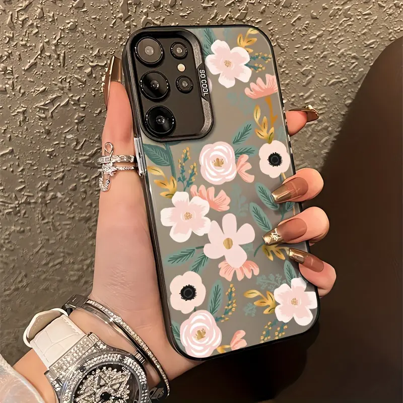 Vintage Oil Painting Pink White Wildflower IMD Mirror Phone Case for Samsung Galaxy S21 S22 S23 S24 S25 S26 Ultra Plus FE, Muted Gray Background Floral Print, Smooth Makeup Mirror Back, Soft Anti-Collision TPU, Cottagecore Aesthetic Slim Protective Cover