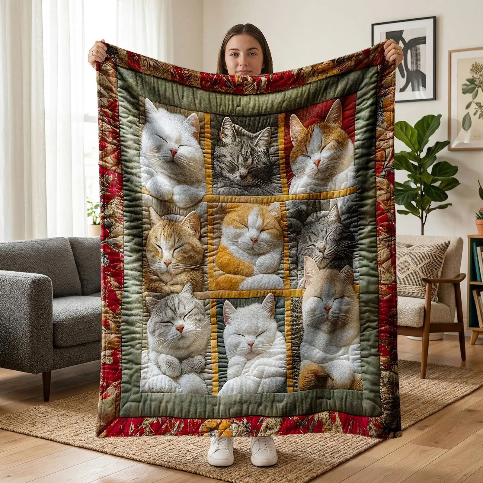 1pc Vintage Patchwork Nine Grid Sleeping Cats Print Fleece Blanket, Quilted Fabric Border Multi Breed Lazy Sleep Cat Splicing Pattern, Gentle Healing Cat Lover Retro Home Style, Multiple Styles Available. Soft Warm Cozy Nap Throw, Multi-use for Sofa, Bed,