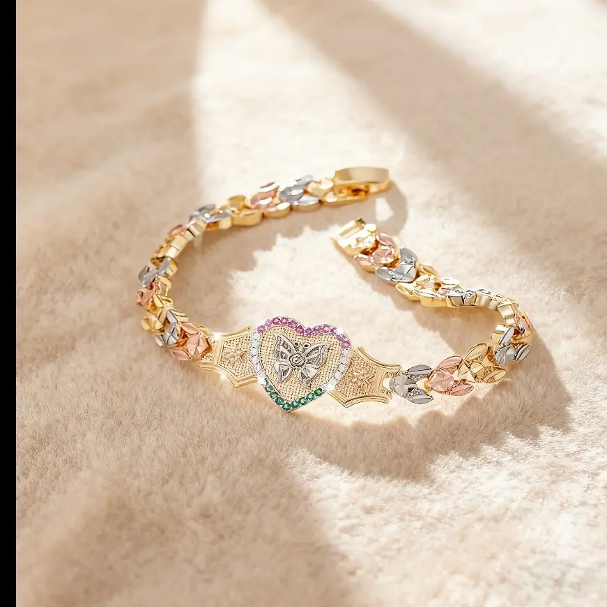 Vintage Heart Butterfly Colorful Crystal Cuban Link Bracelet Two-Tone Rose Gold Gold Plated Multi-Faceted Cut Chain Women Romantic Love Gemstone Wrist Bangle Wedding Party Elegant Jewelry Gift