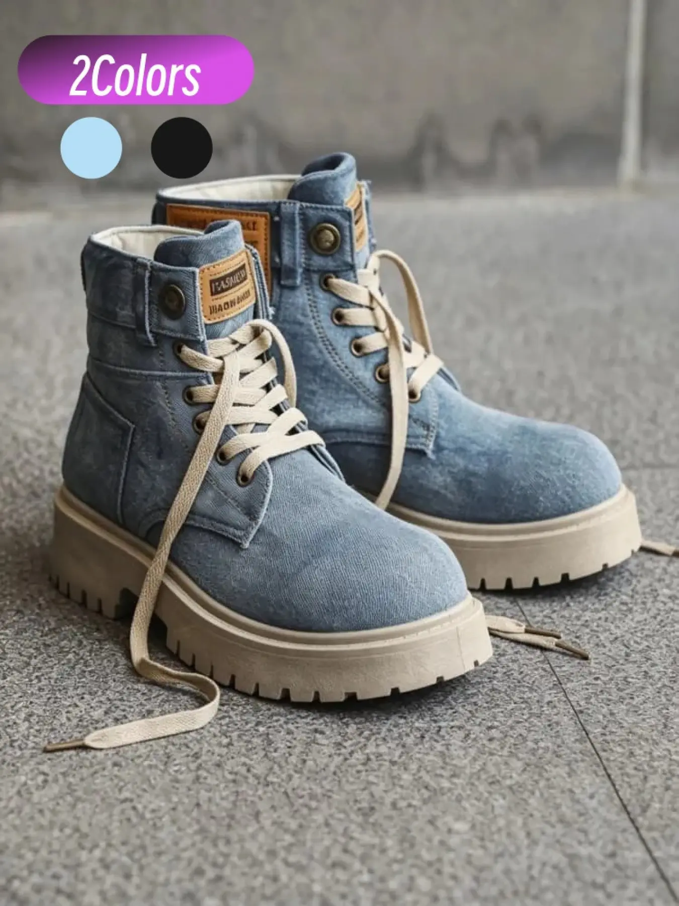 Men Denim Work Ankle Boots With Foldable Collar & Leather Tag Vintage American Finish Sawtooth Anti-slip Heightening Sole Stylish High Tops For Street Commute Outdoor Hiking