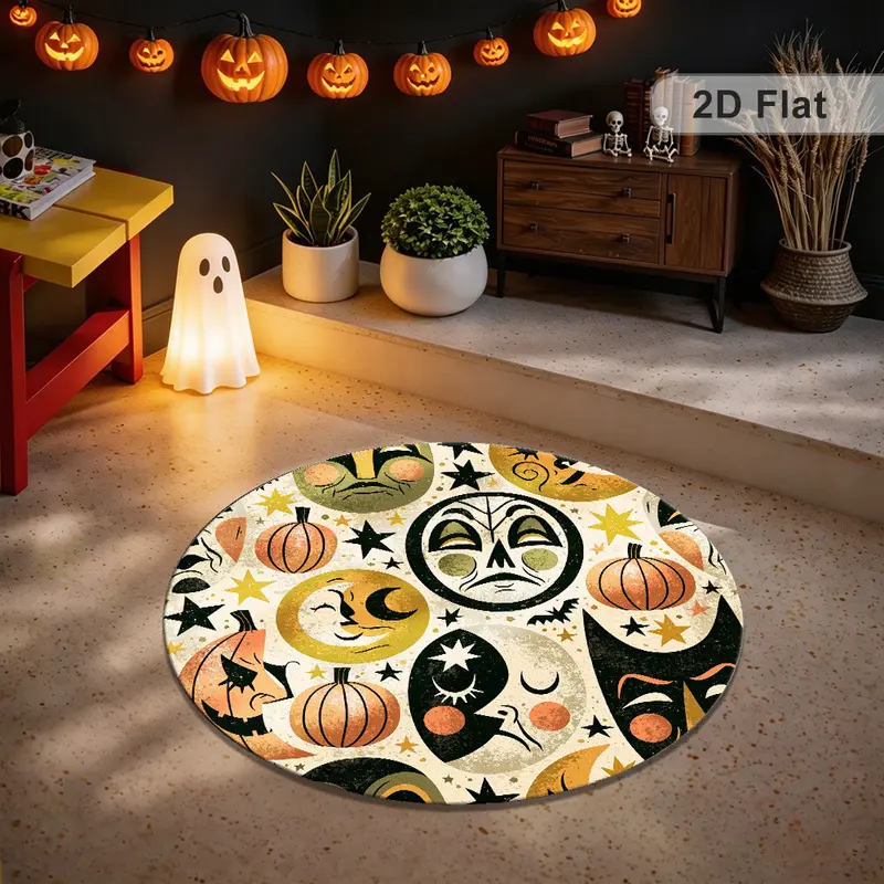 1pc Orange Black Farmhouse Halloween Round Area Rug, 2D Flat Jack-O'-Lantern, Ghost Velvet Carpet, Non-Slip Low Pile Distressed Floor Mat for Living Room Bedroom Bathroom Dining Hall, Home Decor