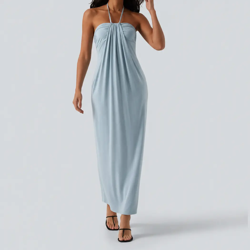 Women's Light Halter Neck Maxi Dress, Sleeveless Ruched Front Long Bodycon Dress, Elegant Summer Wedding Guest Cocktail Party Evening Formal Gown, Beach Vacation Resort Outfit, Date Night Prom Bridesmaid Dress for Women, Spring Summer 2026 Style