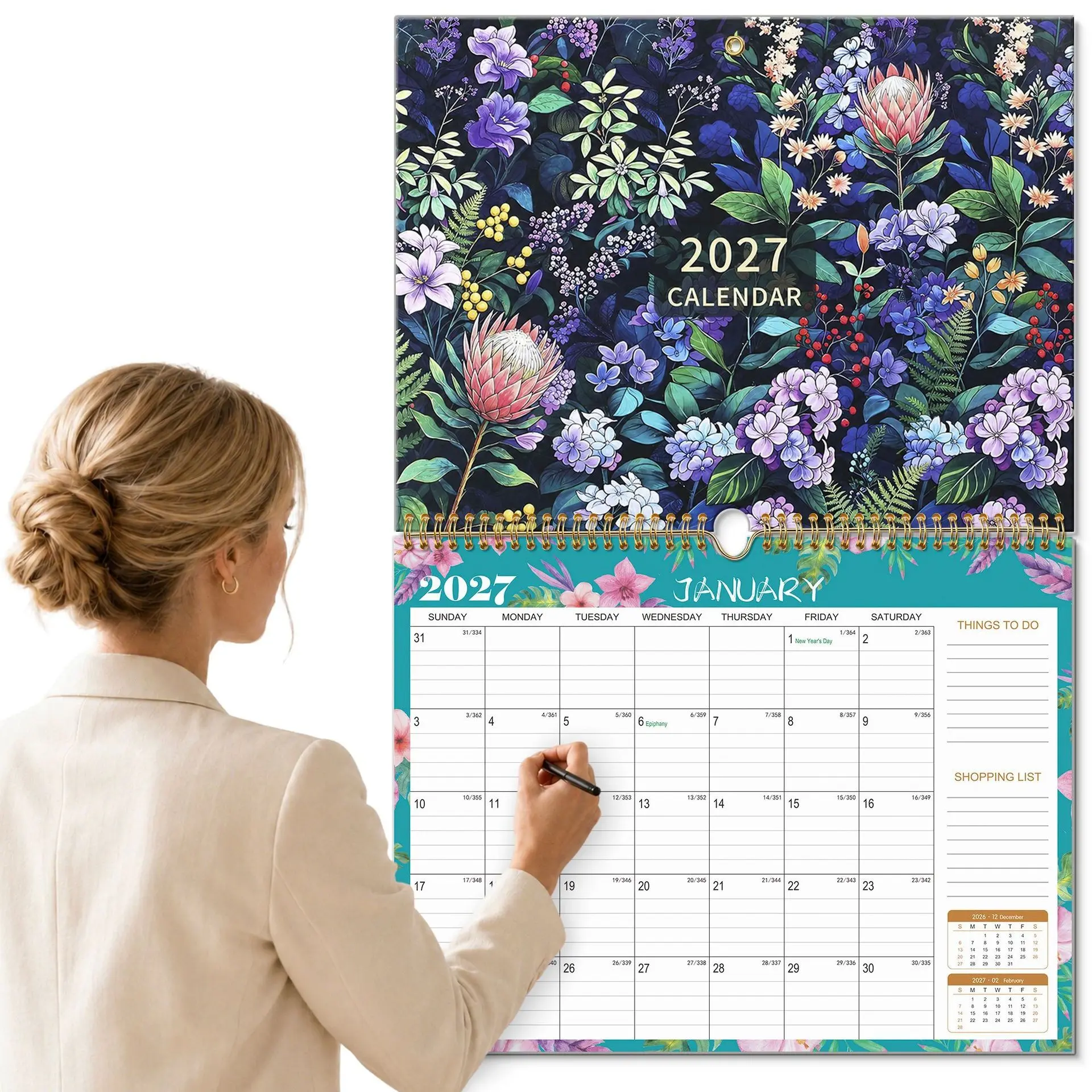 Hanging 2027 English Wall Calendar, Monthly Schedule Planner with International Holidays, Wall-Mounted Calendar for Work & Home Planning