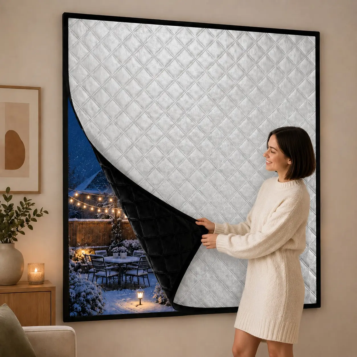 Winter Thermal Insulated Window Curtain, Self-Adhesive No Drill Window Cover, Quilted Reflective Cold Draft Blocker, Heat Insulation Blackout Curtain for Bedroom, Living Room and Balcony, Curtain for Windows