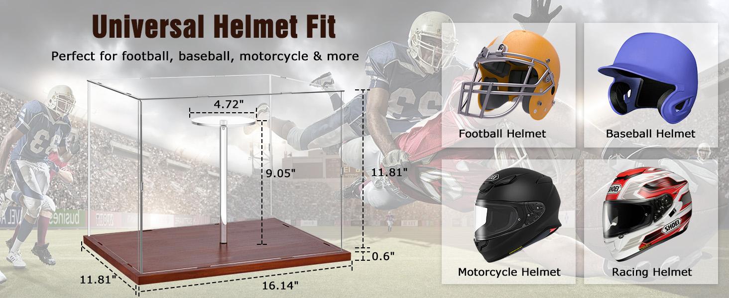 Full Size Football Helmet Display Case - 15.4×11×11.8in Interior, 100% Wooden Base, Compatible with Baseball/Motorcycle/Racing Helmets, High-Transparency Acrylic with UV Protection