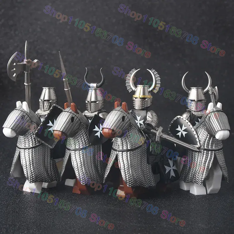 MOC Medieval Military Crusader Knight Building Blocks Castle Army Soldier Figure Horse Mount Shield Sword Accessories Bricks Toy