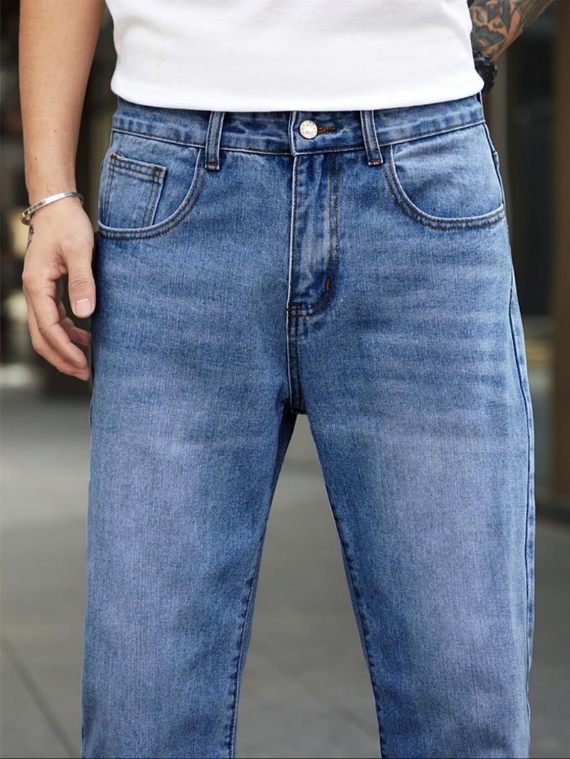 Men's Solid Color Wash Denim Jeans, Casual Comfy Straight Leg Jeans for Daily Wear, Woven Bottoms for All Seasons