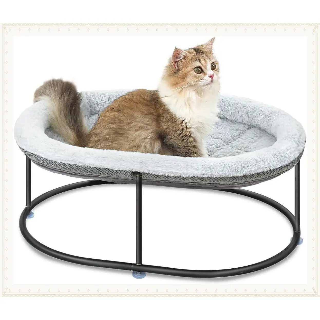 Elevated Cat Hammock for Multiple Cats - Fluffy Cuddle Pet Bed with Sturdy Metal Frame, Detachable Washable Cover, Oval Raised Bed for KittensGift