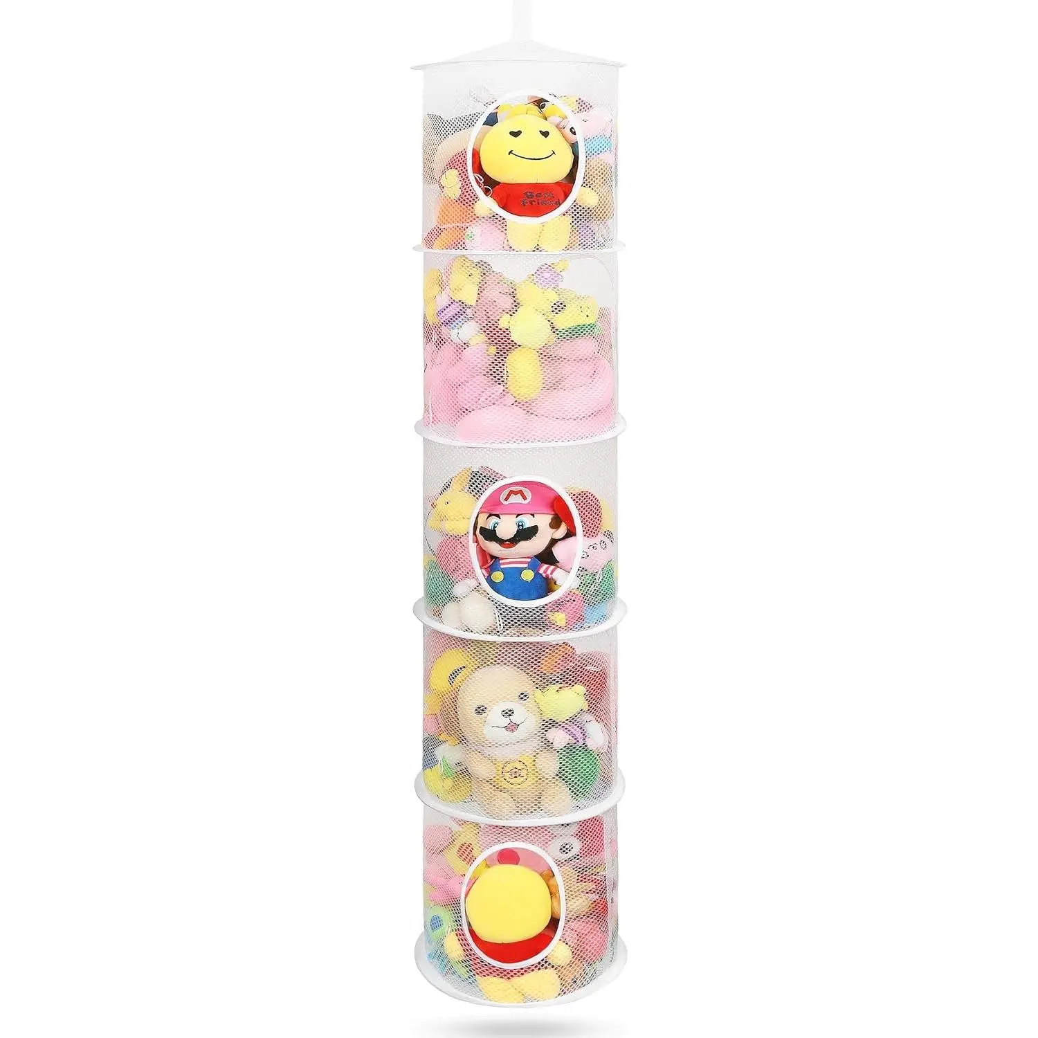 5 Tier Hanging Stuffed Animal Storage Hammock Net, White - Foldable Space-saving Hanging Mesh Organizer for Kids Room, Holds Plushies Gloves Hats Socks