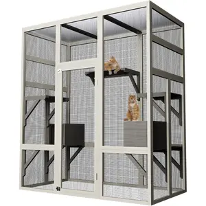 70" Large Outdoor Catio Cat Enclosure, Wood Cat Patio with Waterproof UV-Resistant Roof, Cats Shelter with 5 Platforms and 2 Resting Box, and Secure Rust-Proof Wire for Backyard or Patio
