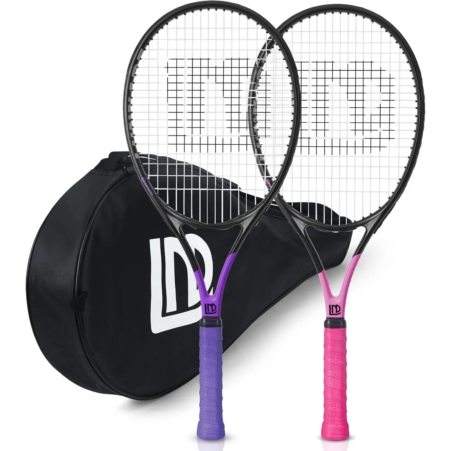 Adults Tennis Racket 2 Pack, Durable 27 Inch Coupled Tennis Racquet Light-Weight, Pre-Strung and Regrip, Suitable for Beginners to Intermediate Players