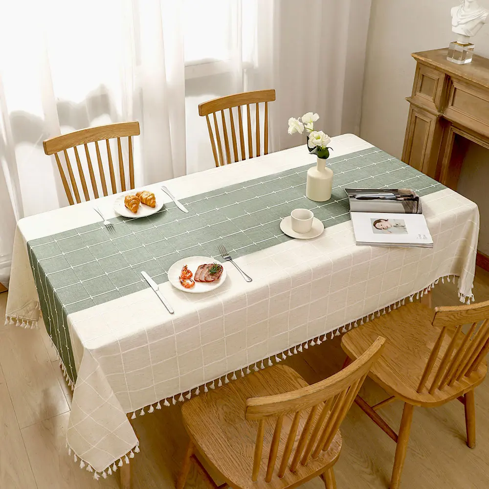 Country Style Cotton Linen Tablecloth, Thick Tassel Edge, Wrinkle-Resistant & Machine Washable, Rustic Table Cover for Dining Room, Cafe, Camping - Multiple Sizes