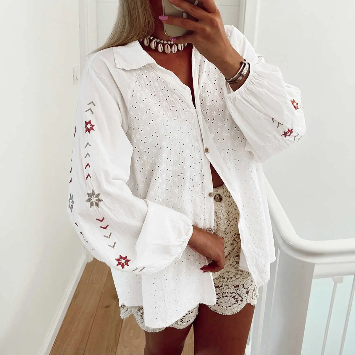 White Floral Embroidered Puff Sleeve Eyelet Patchwork Shirt