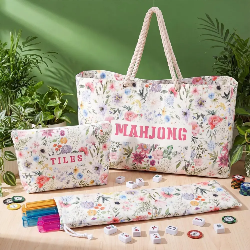 3PCS Floral American Mahjong Carrying Case Set - Empty Tiles Bag, Racks Bag, Drawstring Pouch for Travel, Indoor Recreation