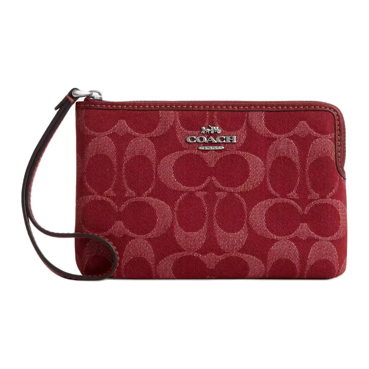 COACH Corner Zip Wristlet Handbag for Women – Signature Denim and Leather with Silver Hardware, Crimson