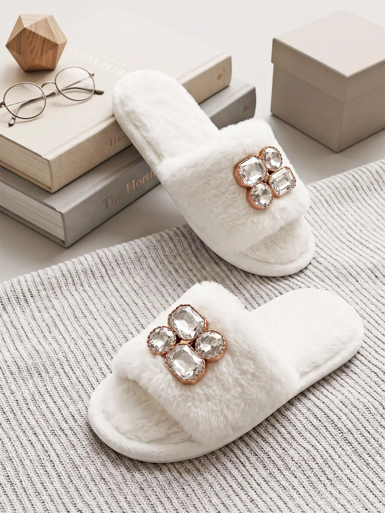 Plush Indoor Slippers, Square Rhinestone Decor, Plain Color, Warm Home Footwear, Casual Bow Design, Rubber Sole, Medium Width, Fall & Winter