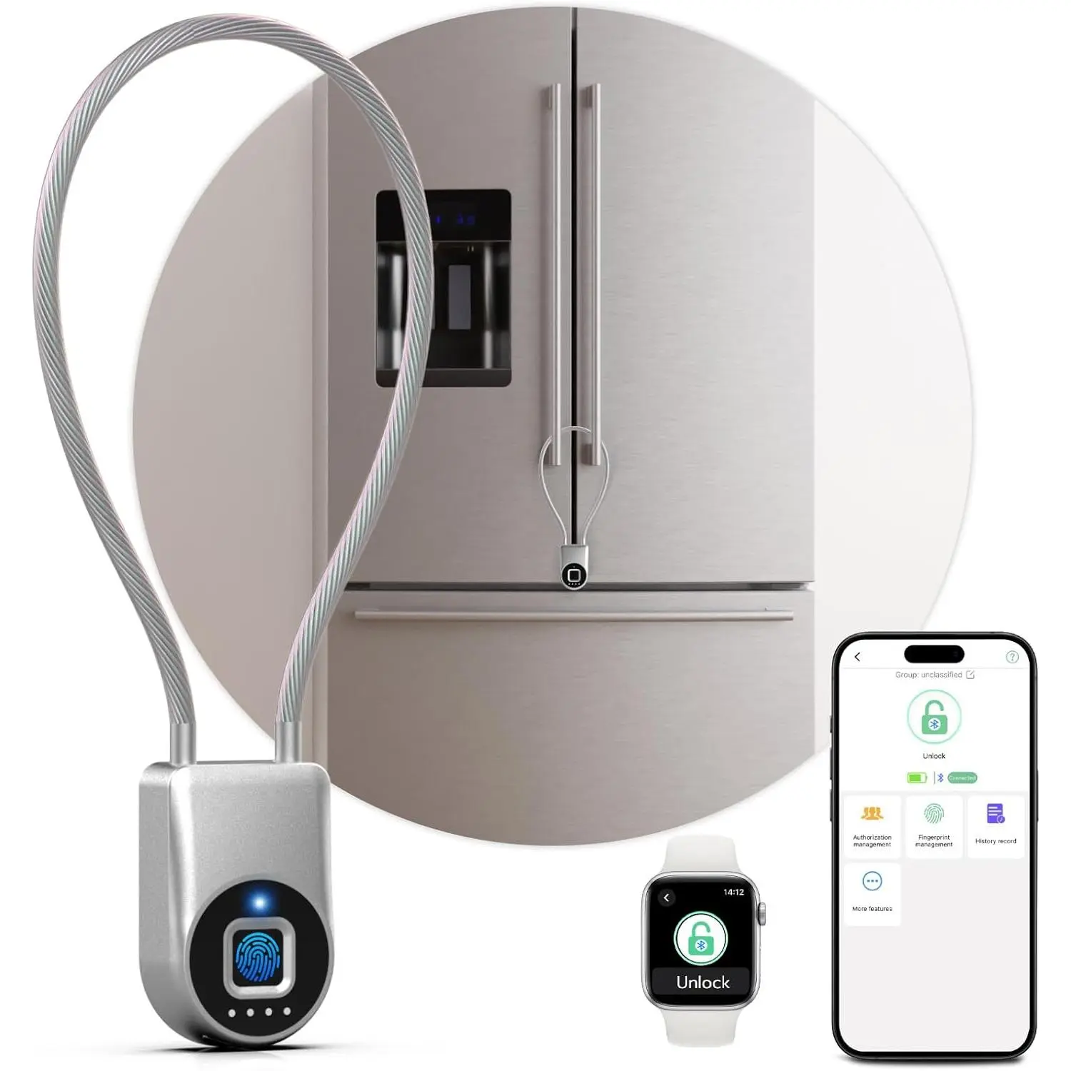 Cable Lock, Fridge Lock with Bluetooth APP, Biometric Waterproof Child-Refrigerator Locks for Kids & Adults Fridge French Door Cabinet Gate