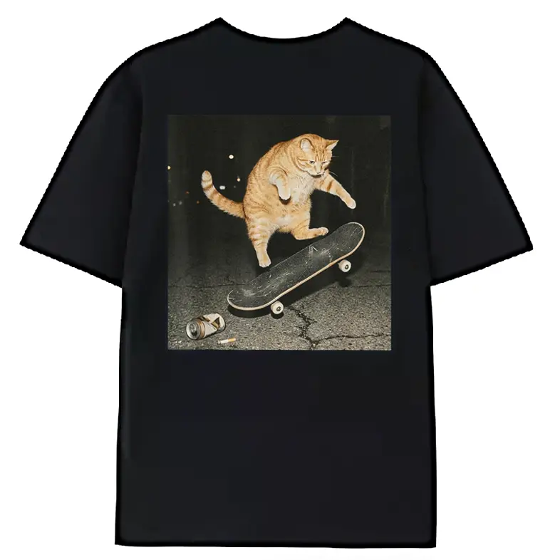 short sleeve fashion topMen's and Women's Retro Skateboard Cat Pattern T-Shirts - Classic skateboard-themed printed T-shirts, with a round-neck casual design. Suitable for daily wear, they can be paired with skateboarding gear to eff Crewneck Cotton Black