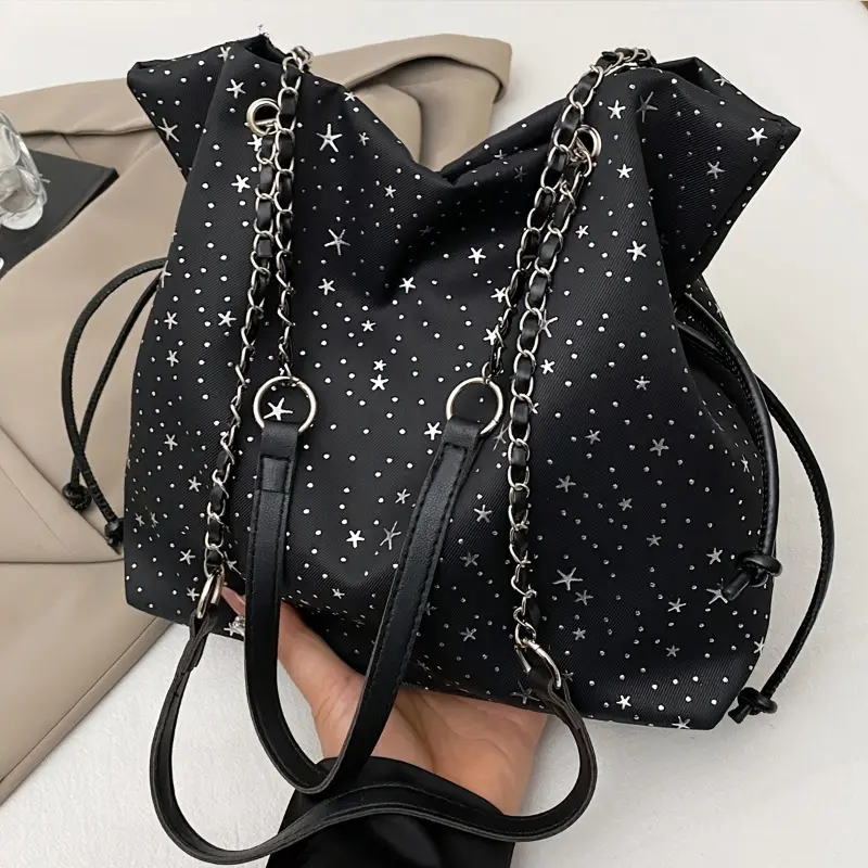 Ladies' new star pattern large-capacity casual trend sweet tote bag, versatile fixed shoulder strap solid color fashion handbag, messenger bag is suitable for daily commuting, work, travel and shopping, and can be used as a cosmetic bag storage bag