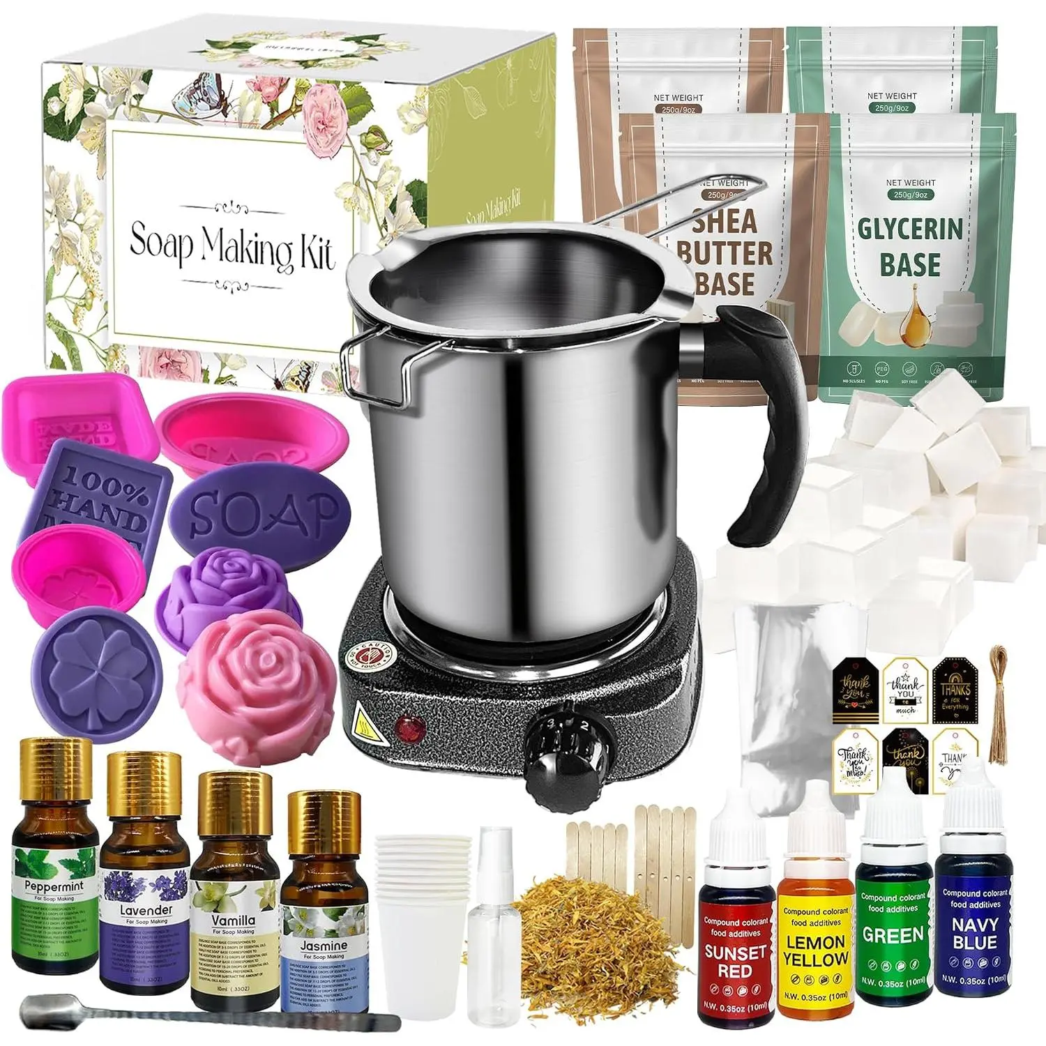 DIY Soap Making Kit with  Hot Plate and Supplies for Adults, -in- Soap Making Supplies for Begineers with Soap Base, Pouring Pot, 4 Fragrances and Dyes for Making Soaps