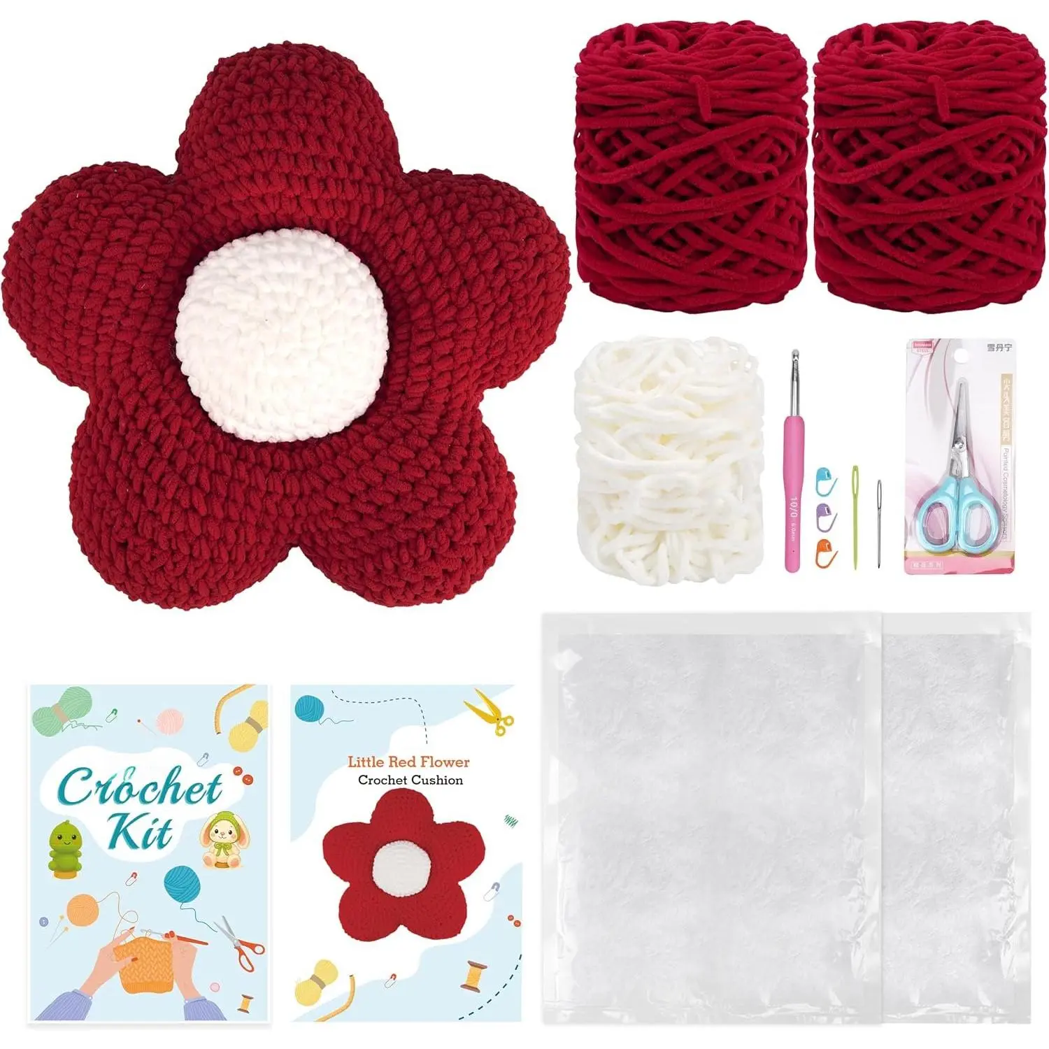 Crochet Kit for Adults Beginners – Red Floral Cushion Pillow DIY Set, Includes Plush Chenille Chunky Yarn, Crochet Hook,  Manual & Video Tutorial, Cozy  Sofa Decor