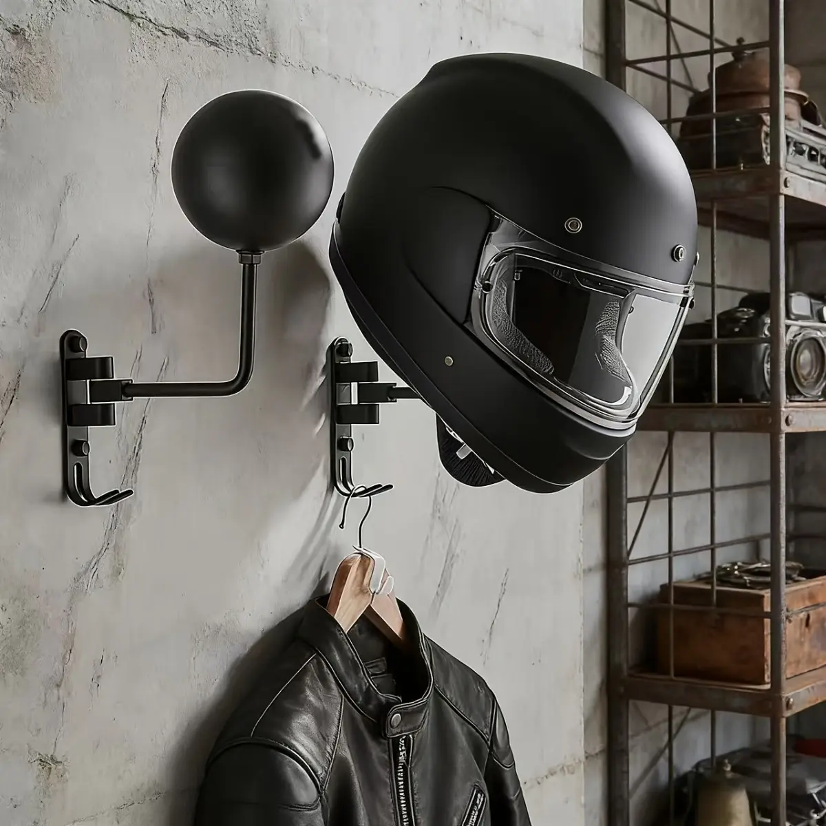 Wall Mounted Motorcycle Helmet Holder, 180 Degree Rotating Helmet Rack with 2 Storage Hooks, Multi Purpose Wall Hanger for Motorcycle Helmets, Jackets, Hats, Football, Baseball Gear, Garage Organization, Space Saving Home Storage Accessory
