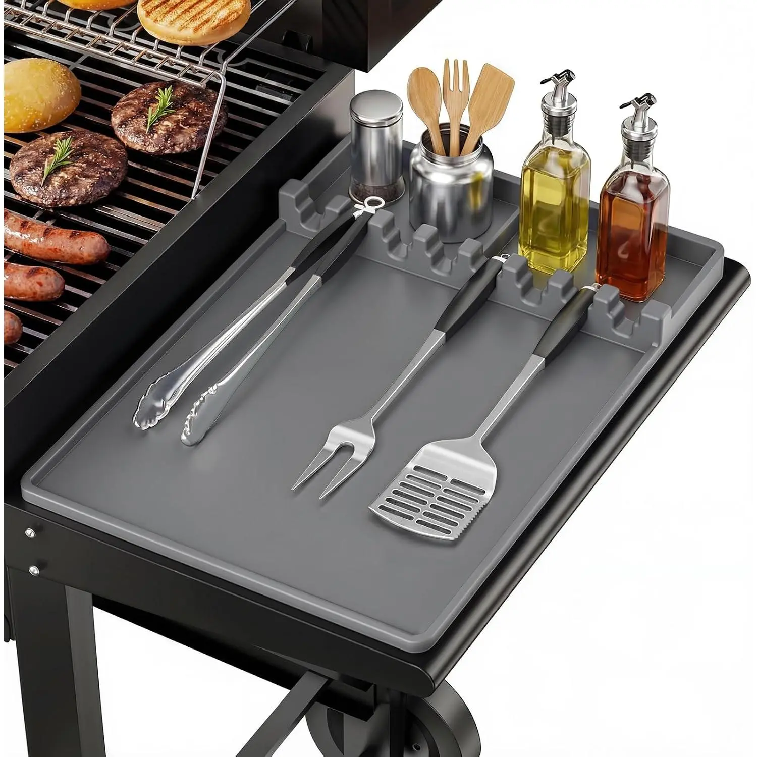 Grill Mats Compatible with , Spatula Tools Mat with Drip Pad, Griddle Mats BBQ Grill Accessories, Side Shelf Pad for Kitchen Counter Outdoor Grill, Easy-to-Clean, Grey