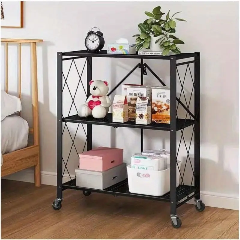 Compact Foldable 3-Tier Heavy Duty Metal Organizer Shelf with Removable Shelves, Wheels, Black Multi-Function Storage Rack for Garage/Kitchen Home Organization