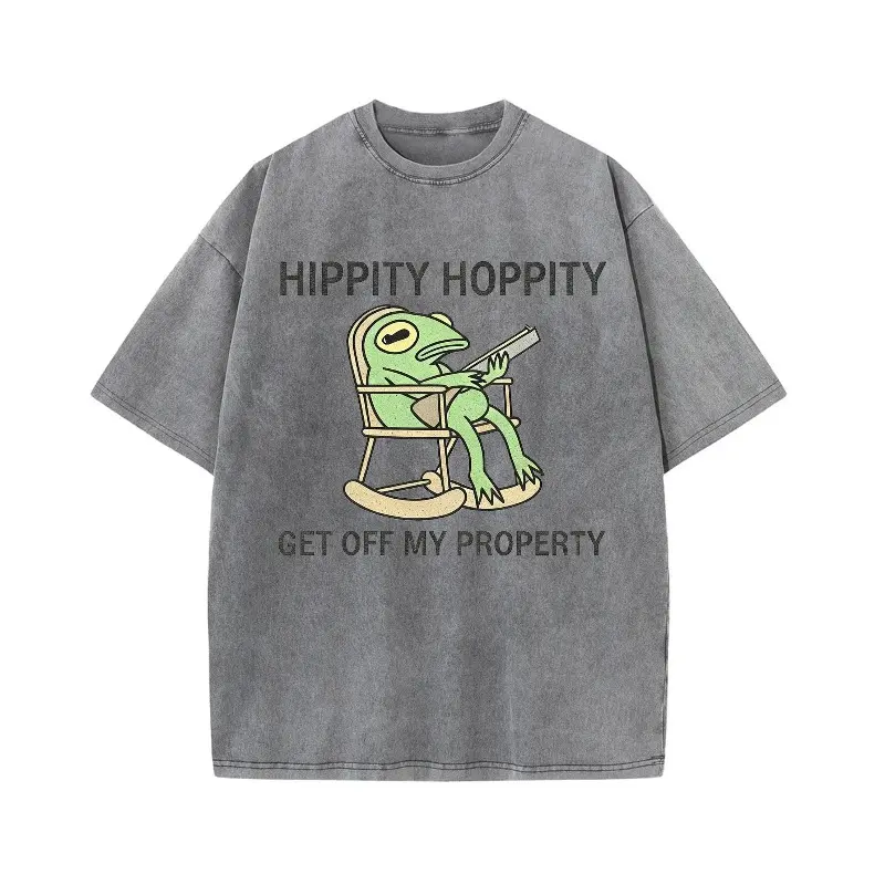 Men's Hippity Hoppity Grumpy Frog "Get Off My Property" Funny Cartoon Graphic Print Short Sleeve Loose Retro Distressed Casual Streetwear T-Shirt, Menswear Tops, Shortsleeve, Medium Length, Crew Neck, Clothes, Loose-Fit, All Seasons, Moderate, Round Neck
