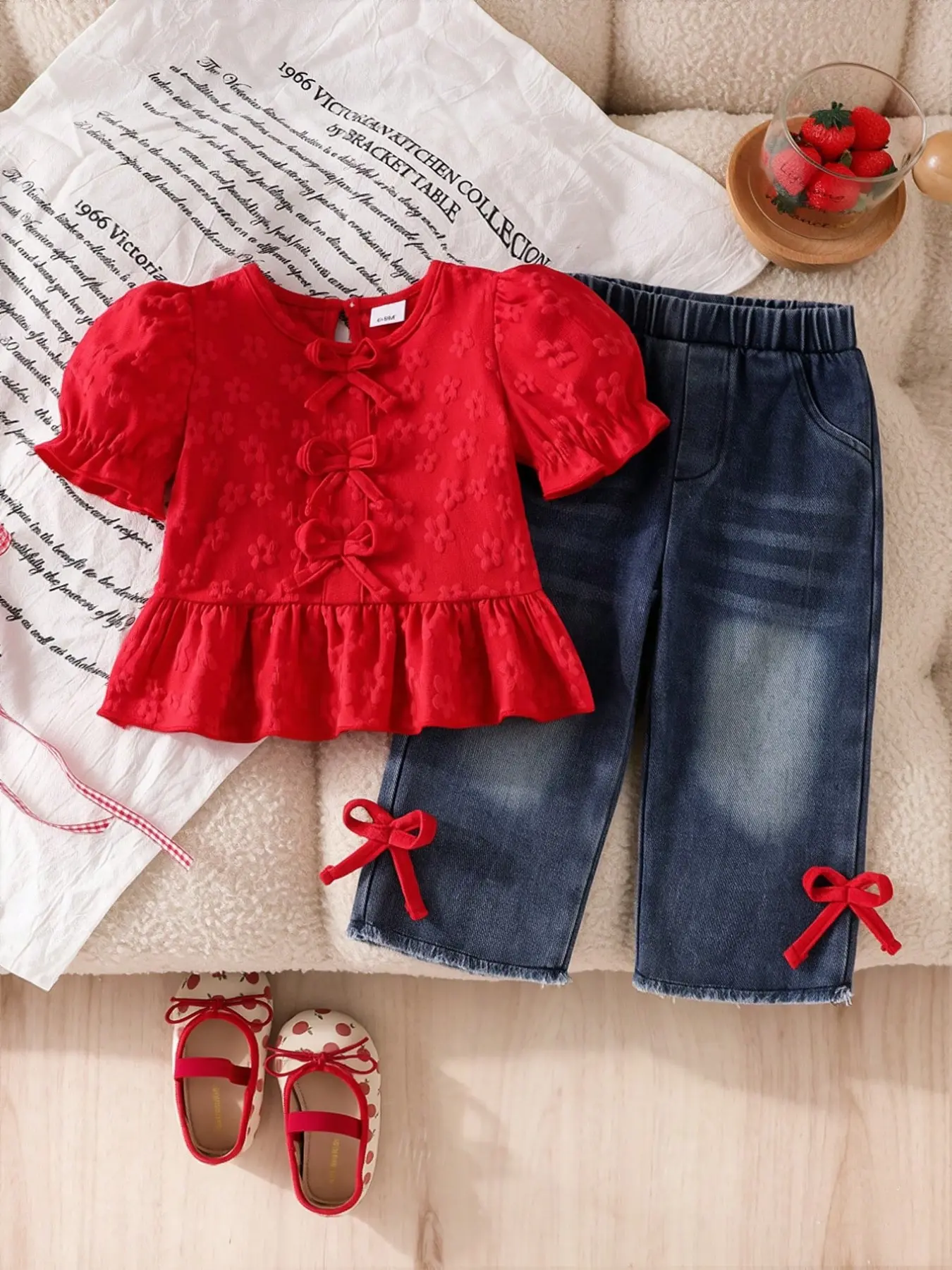 Baby Girl Spring Fall Fashion 2-Piece Set, Jacquard Ruffle Shirt and Elastic Waist Jeans, Cute Loose-Fitting Baby Clothing