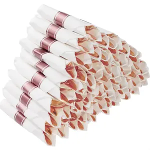 50pcs Pre-Rolled Rose Golden Plastic Silverware, Wrapped Plastic Cutlery Set with Napkin Include 50pcs Forks, 50pcs Knives, 50pcs Spoons And 50pcs Napkins, Fancy Disposable Silverware for Party, Wedding