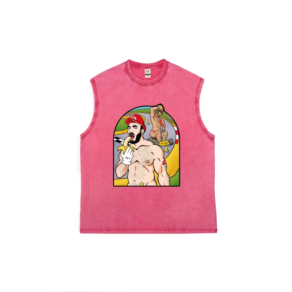 Unisex Vintage Acid Wash Sleeveless Tank Top, Multiple Colors Available, Funny Parody Mario Kart Muscular Bear Men Banana Meme LGBTQ Bear Pride Graphic Loose Fit Distressed Cotton Cut Off Muscle Tee, Retro Video Game Parody Gay Bear Streetwear Casual Slee
