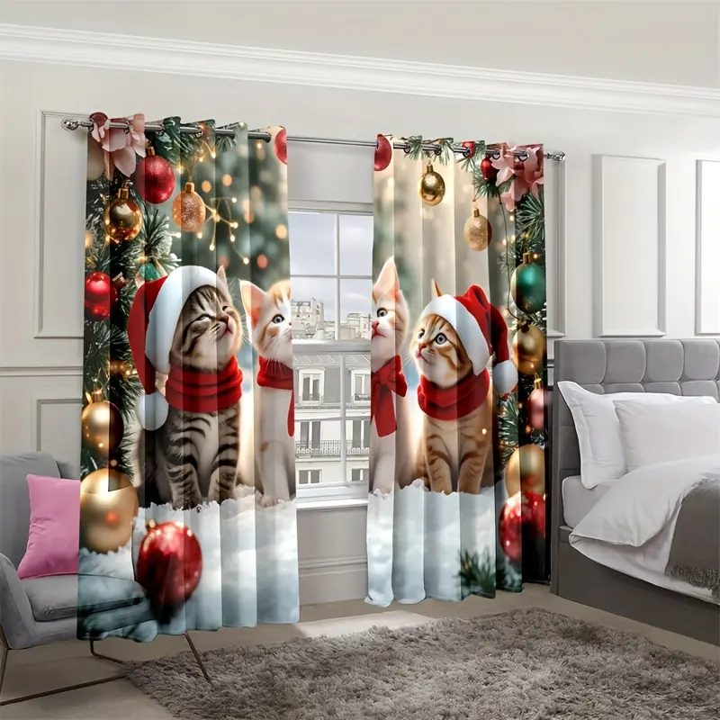 2 pieces, 2D flat print, Christmas curtain is thin and semi-transparent, perforated curtains, Christmas-themed and Christmas tree curtains are suitable bedroom, living room,, cafe, study and other home decorations, holiday decoration, seasonal decoration,