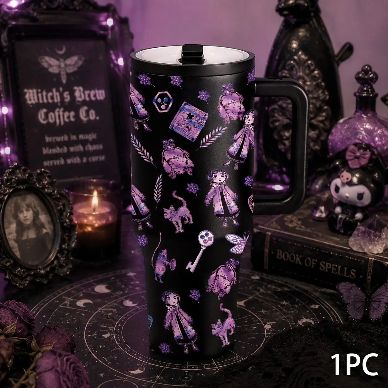1PC 40oz Cute Coraline Tumbler with Handle, Purple Character Print Stainless Steel Travel Cup, Double Wall Vacuum Water Bottle with Lid, Large Capacity Hydration Cup, Cup Holder Friendly, Drinkware for Women, School, Daily Use, Halloween, Christmas Gift