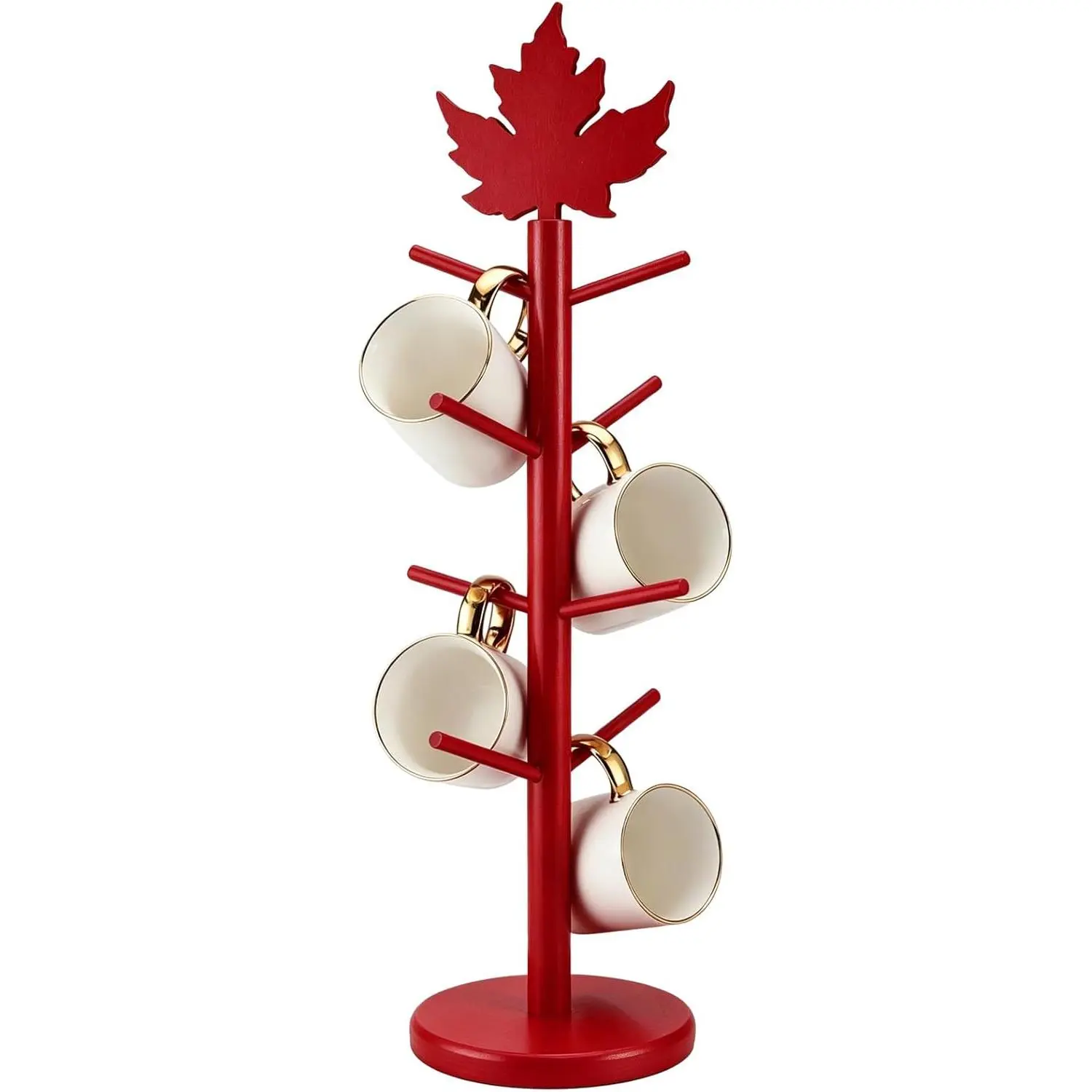AnyDesign Fall Tree Coffee Mug Holder with 8 Hooks Vintage Red Maple Leaf Wood Mug Tree Stand Rustic Countertop Cup Organizer for Autumn Harvest Thanksgiving Kitchen Decor