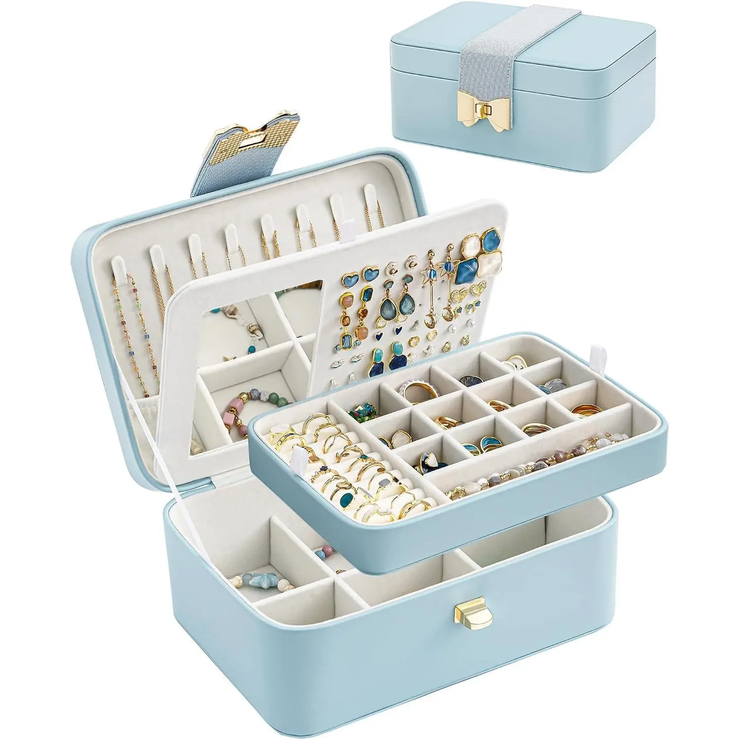 2 Layer  Box for Teen Girls & Young Women | Cute Bow Clasp, -In Mirror, Spacious Multi-Compartment Storage for Earrings Rings Necklaces,  Idea -Blue