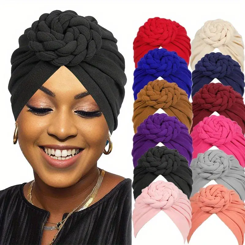 Women's Ethnic Pre-Tied Knot Turban Hats - 5Pcs/Pack Mix Color, 21%-30% Elastic Wool Blend Head Wraps, 1 Size All Seasons Daily Wear Fashion Hair Accessories for Hair Loss, One Size