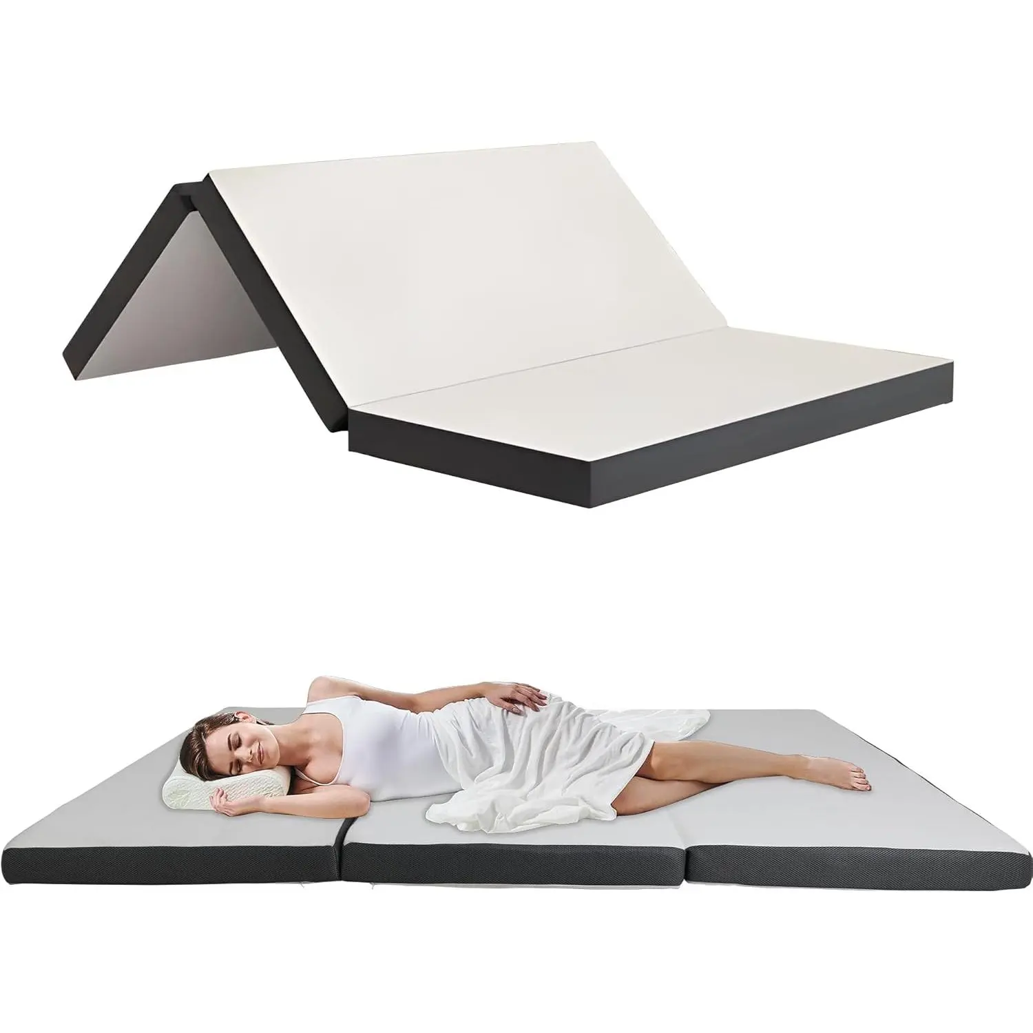 Tri Fold Mattress, 3 inch Single Folding Memory Foam Mattress with Washable Cover, Collapsible Mattress Topper Non-Slip Bottom for Camping, Guests and Dorms,Queen