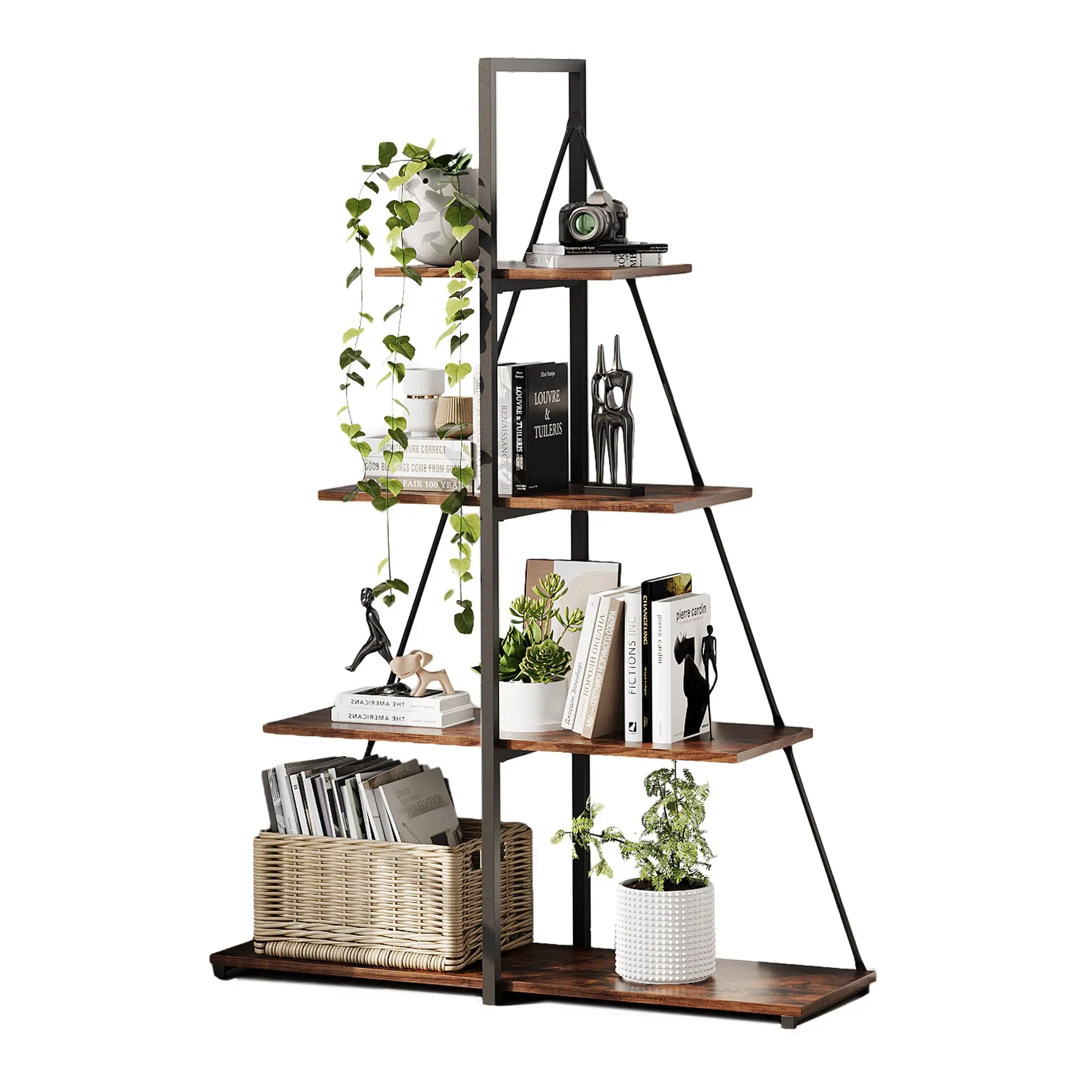 Garvee Multi-Purpose Slim Bookcase, 4-Tier Ladder Shelf, Space-Saving Storage Unit, Engineered Wood Organizer for Home Office, Bedroom Corner (Retro color)