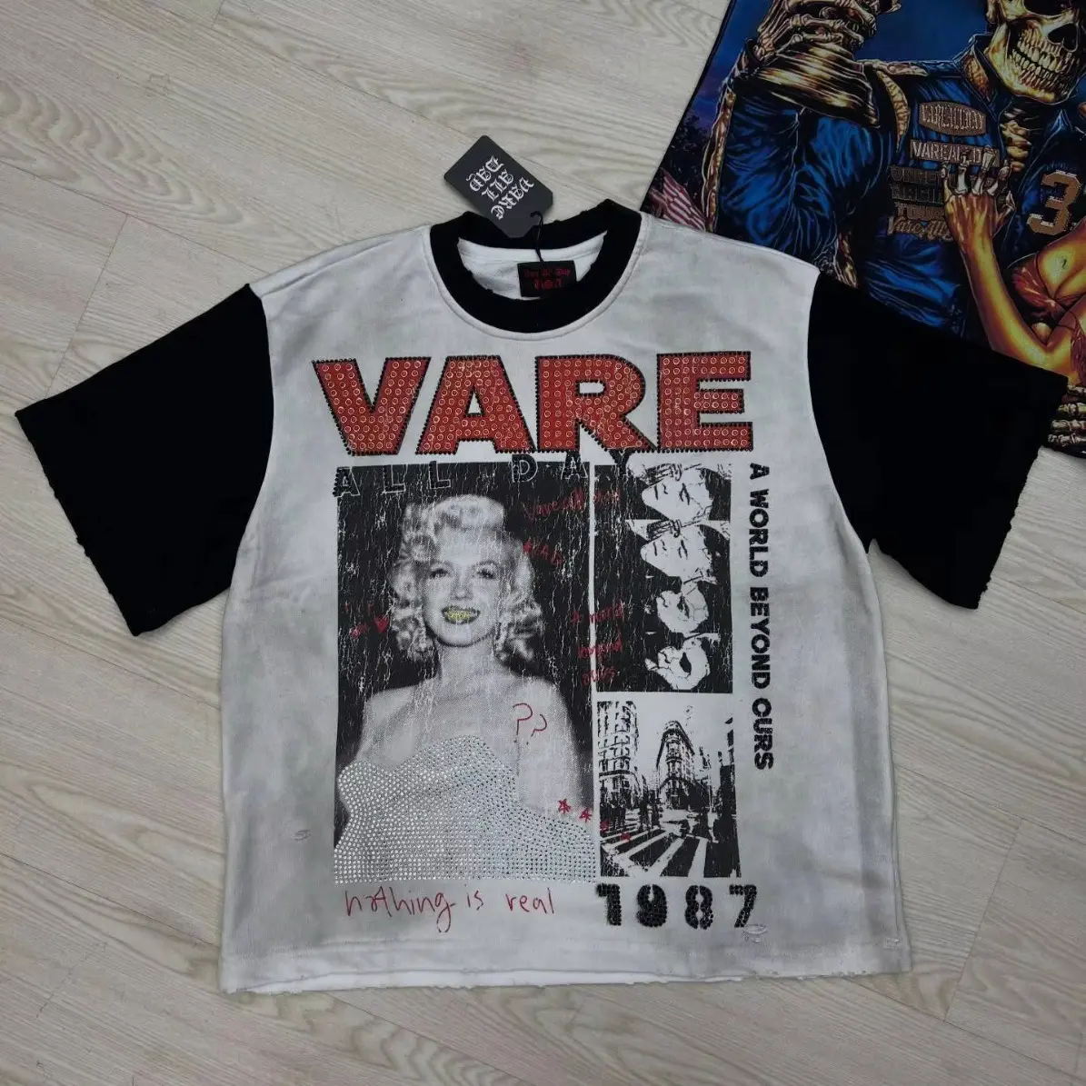 VARE ALL DAY Washed T-Shirt, New Fashion Streetwear Shiny Diamond Rhinestone Graphic Tee, Loose Fit Short Sleeve Cotton Top, Oversized Unisex Y2K Hip Hop Casual Tee for Men Women