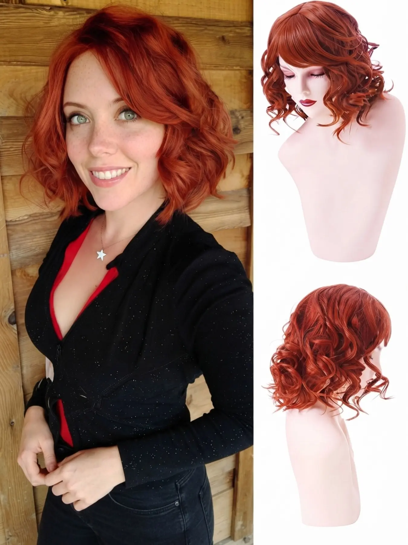 Auburn Bob Wig for Women, Short Wavy Synthetic Wig with Bangs, Realistic Ginger Brown Heat Resistant Fiber, Shoulder Length Loose Curl Hairstyle for Daily Party Cosplay Use, Breathable Cap, Easy to Style