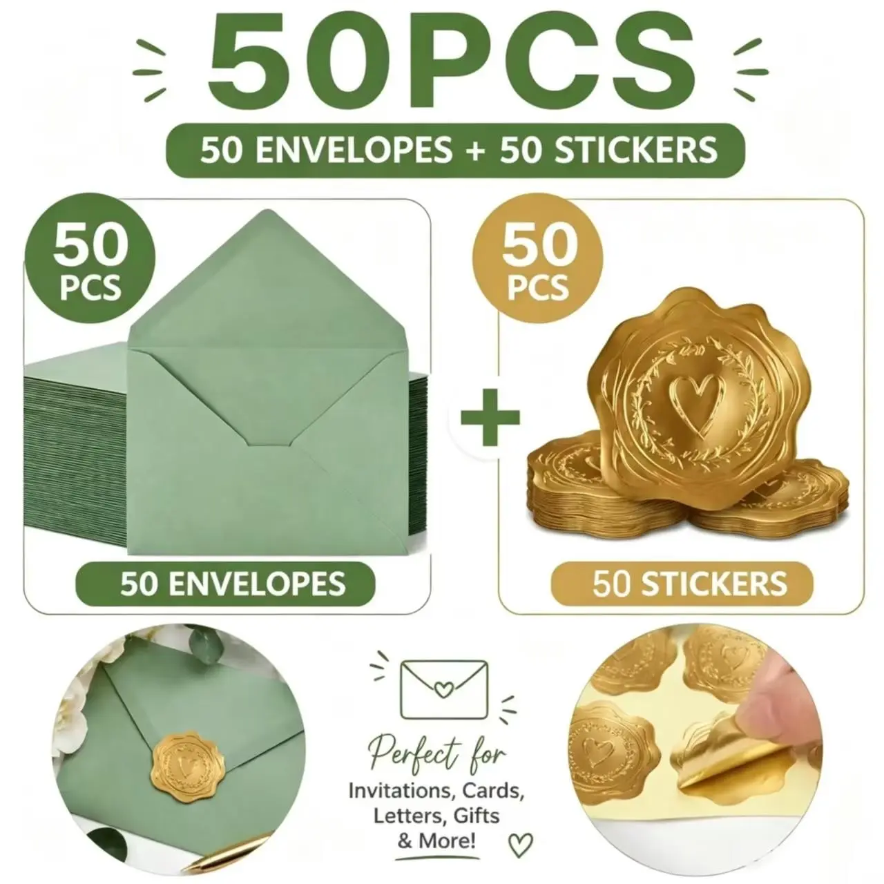 50-Pack Sage Green A7 Envelopes for 5x7 Cards (5.24x7.24 Inch), Euro V-Flap Invitation Envelopes with 50 Gold Heart Wax Seal Stickers, for Wedding, Baby Shower & Thank You Cards