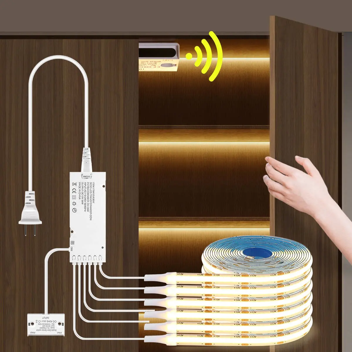 Smart Dual Door Sensor Control 12V COB LED Strip Light, Warm, Us Plug, Cabinet Closet Wine Rack Home Decor Lamp