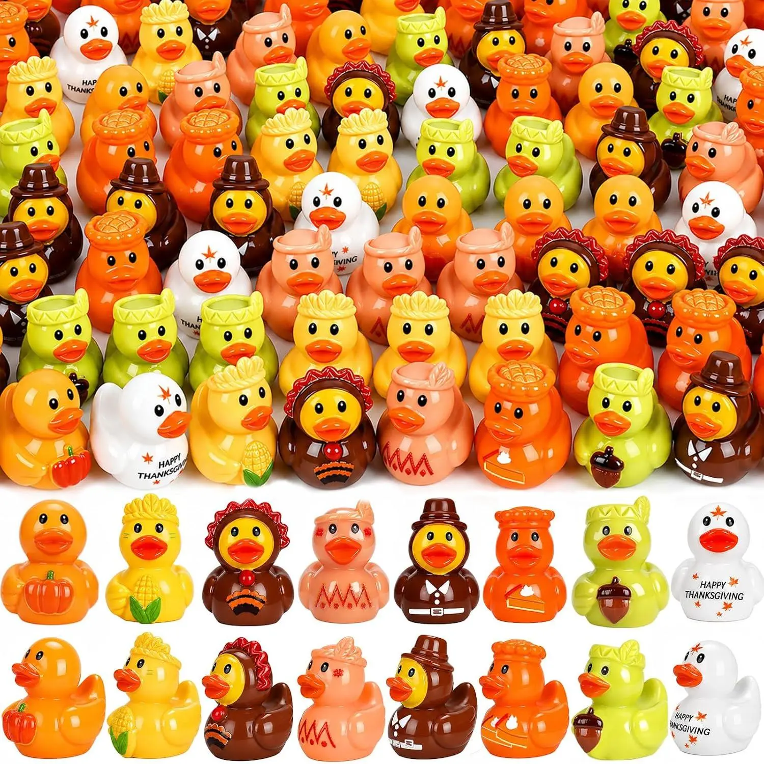 120 Pcs Fall Mini Resin Ducks 8 Styles Thanksgiving Tiny Small Duck Figures Bulk Autumn Miniature Resin Figurines for Fall Party Favors Village Garden Dollhouse Table DIY Craft Decor