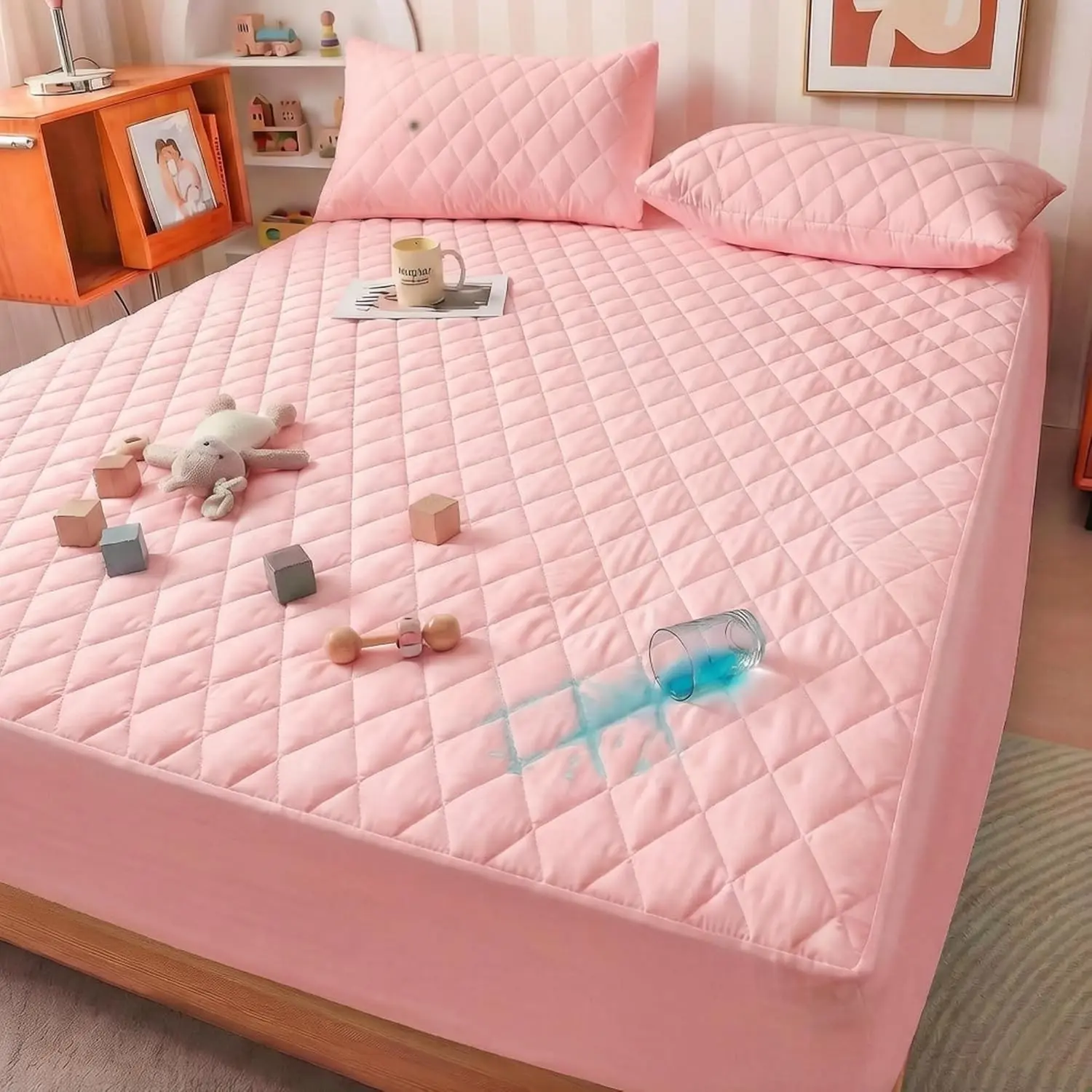 Pink Twin Waterproof Breathable Mattress Cover - Full-Size, Ultra-Soft, Machine Washable - Suitable for Home and Bedroom Use