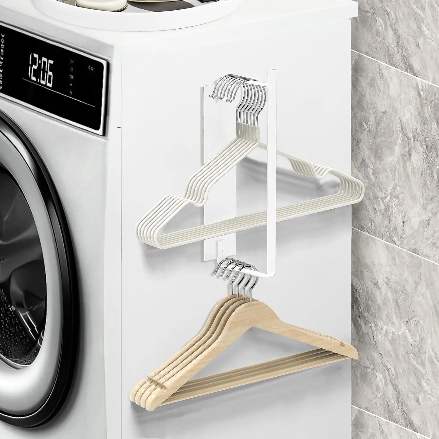 Hanger Holder for Laundry Room, Space-Saving Hanger Organizer for Washing Machine Dryer, Holding up to 40  Wire Plastic Hangers (1, White)